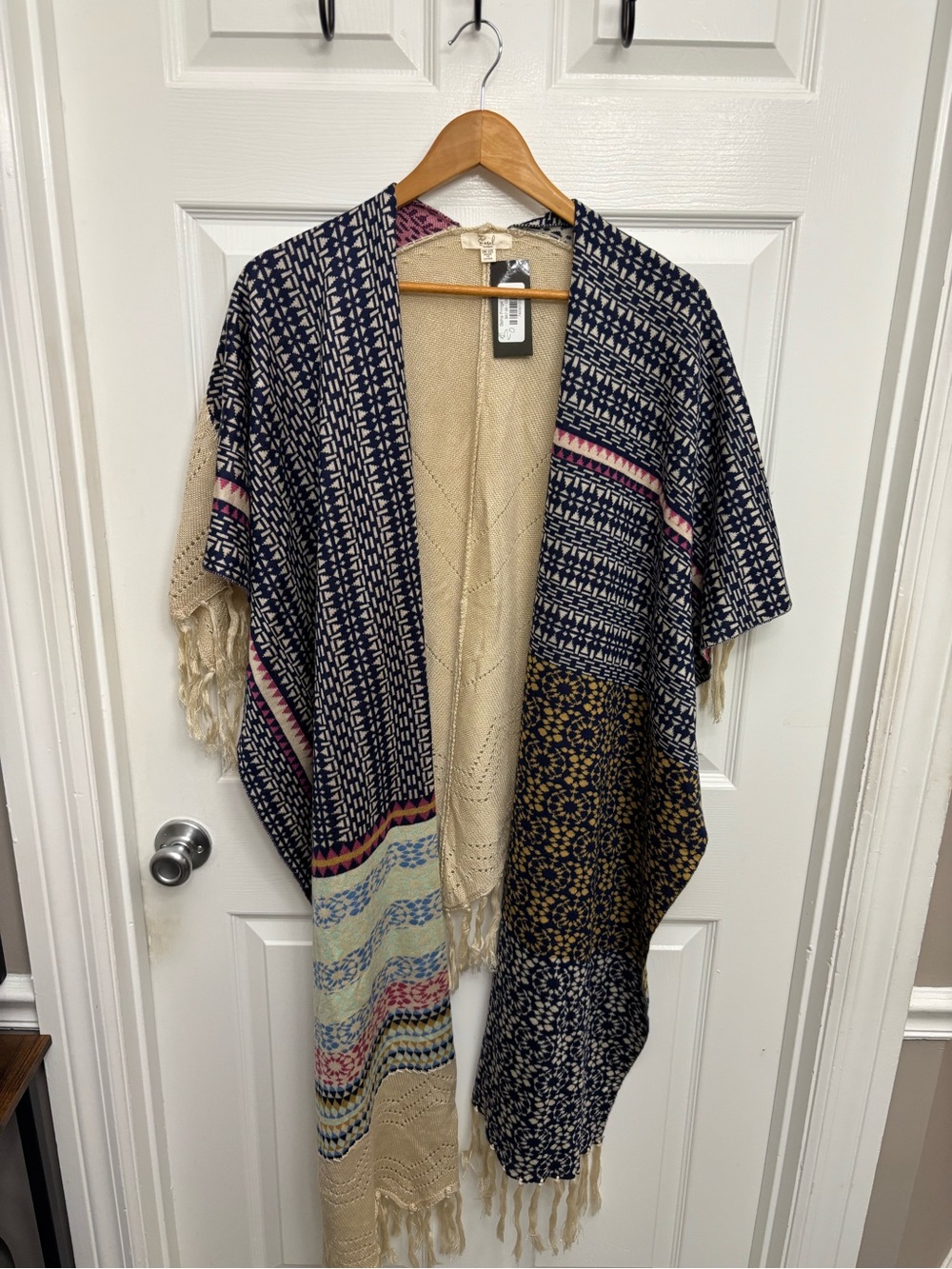 Easel Multicolor Boho Festival Knit Fringe Wrap - Navy, Beige & Pink Accents